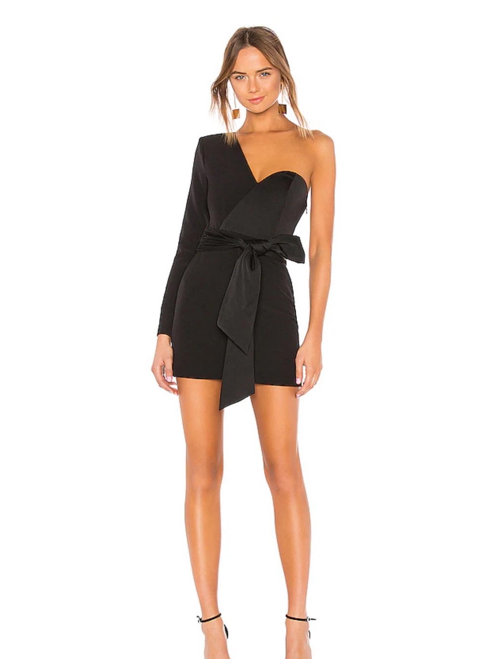 Revolve NBD Black One-Shoulder Tie-Waist Mini Dress